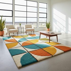 May include: A colorful area rug with a mid-century modern design. The rug features a pattern of overlapping semi-circles in teal, orange, yellow, and green against a cream background. The rug is placed in a bright, modern living room setting.