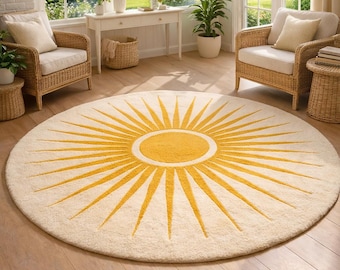 Hand-Tufted Wool Round Rug, Cream & Yellow Sunburst Design