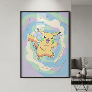 Puede incluir: Un póster enmarcado con Pikachu, un personaje de dibujos animados amarillo con mejillas rojas y una cola de rayo. El fondo tiene un remolino de colores pastel y rayos. El póster está en un marco negro.