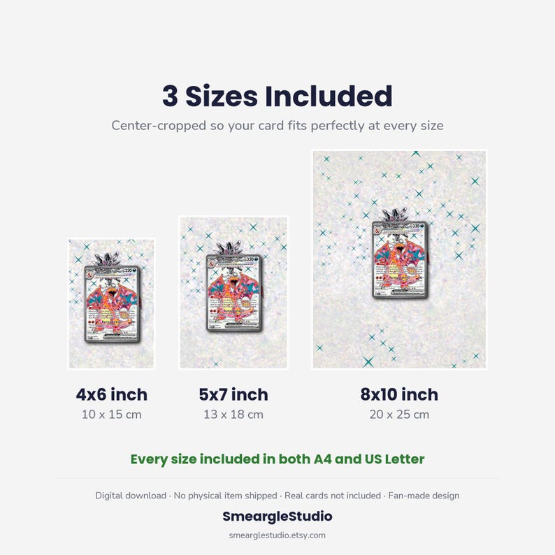 May include: A digital download display showing three sizes of a fan-made trading card featuring a colorful creature. The sizes are 4x6 inch, 5x7 inch, and 8x10 inch. Text includes 3 Sizes Included, Every size included in both A4 and US Letter.