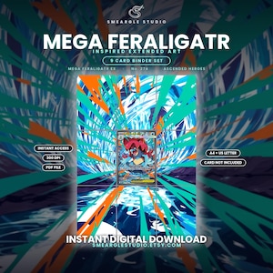 May include: A digital 9-card binder set featuring Mega Feraligatr extended art. The design includes blue, teal, and orange radial lines, with text reading Mega Feraligatr, 300 DPI, PDF file, instant access, A4 + US letter, and instant digital download.