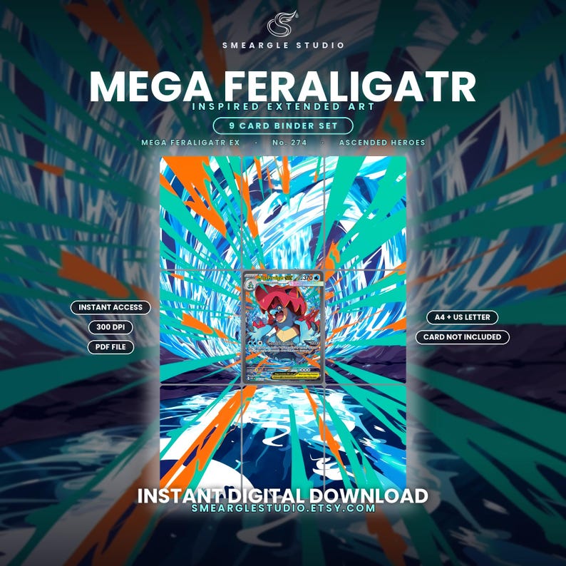 May include: A digital 9-card binder set featuring Mega Feraligatr extended art. The design includes blue, teal, and orange radial lines, with text reading Mega Feraligatr, 300 DPI, PDF file, instant access, A4 + US letter, and instant digital download.