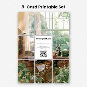 May include: A 9-card printable set featuring an illustration of a sunlit room with a window, bookshelves, and plants. The center card displays the text SmeargleStudio, instructions for trimming, and a QR code for further design exploration.