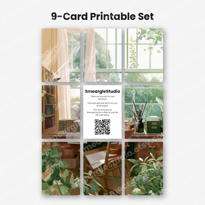 May include: A 9-card printable set featuring an illustration of a sunlit room with a window, bookshelves, and plants. The center card displays the text SmeargleStudio, instructions for trimming, and a QR code for further design exploration.