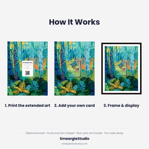 May include: A three-step instructional graphic titled How It Works showing a forest illustration. Step 1 shows the art with a QR code card. Step 2 shows a card placed on the art. Step 3 shows the art in a black frame. Text includes SmeargleStudio.