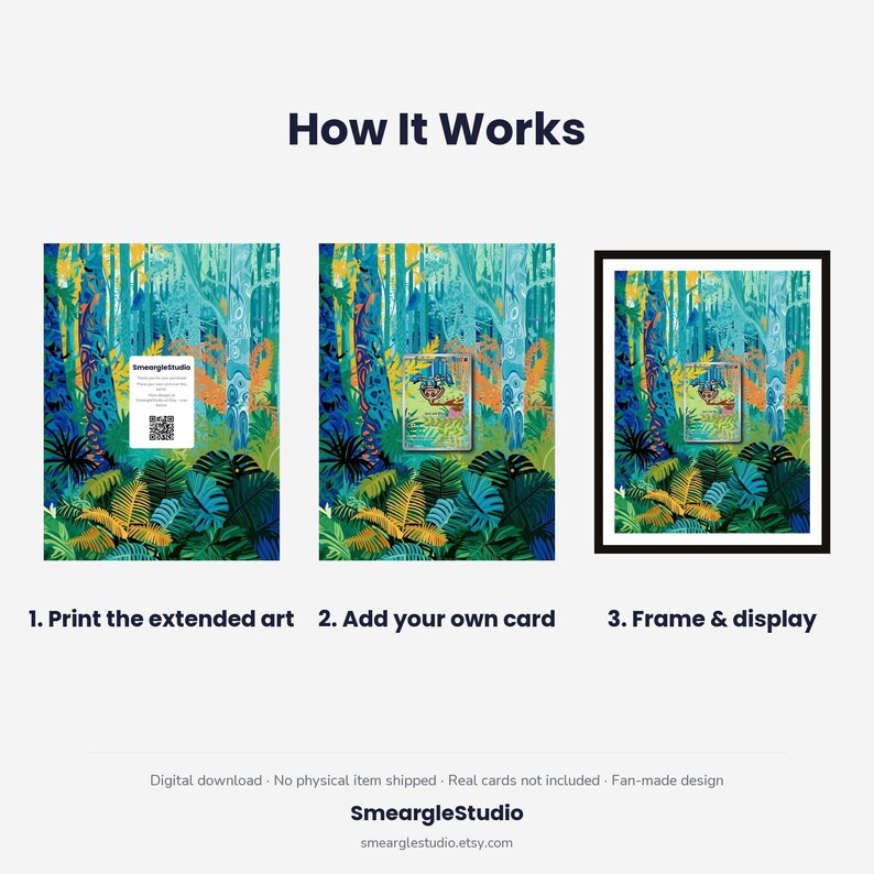 May include: A three-step instructional graphic titled How It Works showing a forest illustration. Step 1 shows the art with a QR code card. Step 2 shows a card placed on the art. Step 3 shows the art in a black frame. Text includes SmeargleStudio.