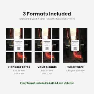May include: A digital display showing three card formats: Standard cards at 2.5 x 3.5 inches, Vault X cards at 2.6 x 3.7 inches, and full uncut artwork. Each section features a volcanic landscape illustration with a central white card containing text and a QR code.
