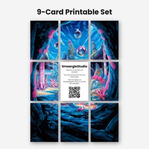 May include: A 9-card printable set featuring a fantasy underwater scene with blue water, pink coral, and crystal formations. The centre card displays the text SmeargleStudio, instructions for trimming, and a QR code for further designs.