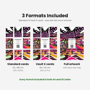 May include: A digital graphic display showing 3 Formats Included: Standard cards at 2.5 x 3.5 inches, Vault X cards at 2.6 x 3.7 inches, and full artwork. The image features a vibrant, abstract disco-themed pattern with purple, orange, and black.