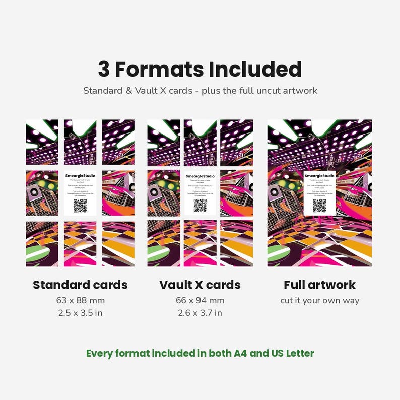 May include: A digital graphic display showing 3 Formats Included: Standard cards at 2.5 x 3.5 inches, Vault X cards at 2.6 x 3.7 inches, and full artwork. The image features a vibrant, abstract disco-themed pattern with purple, orange, and black.