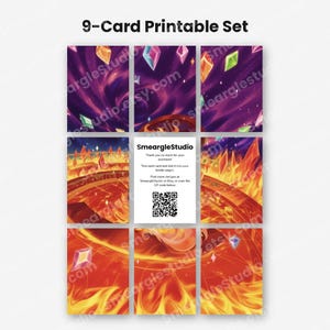May include: A 9-card printable set featuring a grid of fantasy-themed illustrations with purple cosmic backgrounds and fiery orange landscapes. The center card displays the text SmeargleStudio, instructions for trimming, and a QR code.