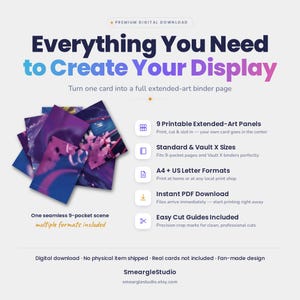 May include: A digital download product featuring 9 printable extended-art panels to create a seamless 9-pocket scene. The text reads Everything You Need to Create Your Display, 9 Printable Extended-Art Panels, Standard & Vault X Sizes, A4 + US Letter Formats, Instant PDF Download, Easy Cut Guides Included, and SmeargleStudio.
