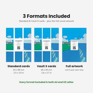 May include: A digital graphic showing 3 Formats Included: Standard cards at 63 x 88 mm (2.5 x 3.5 in), Vault X cards at 66 x 94 mm (2.6 x 3.7 in), and Full artwork. Each section displays a blue sky, green field, and city skyline illustration.