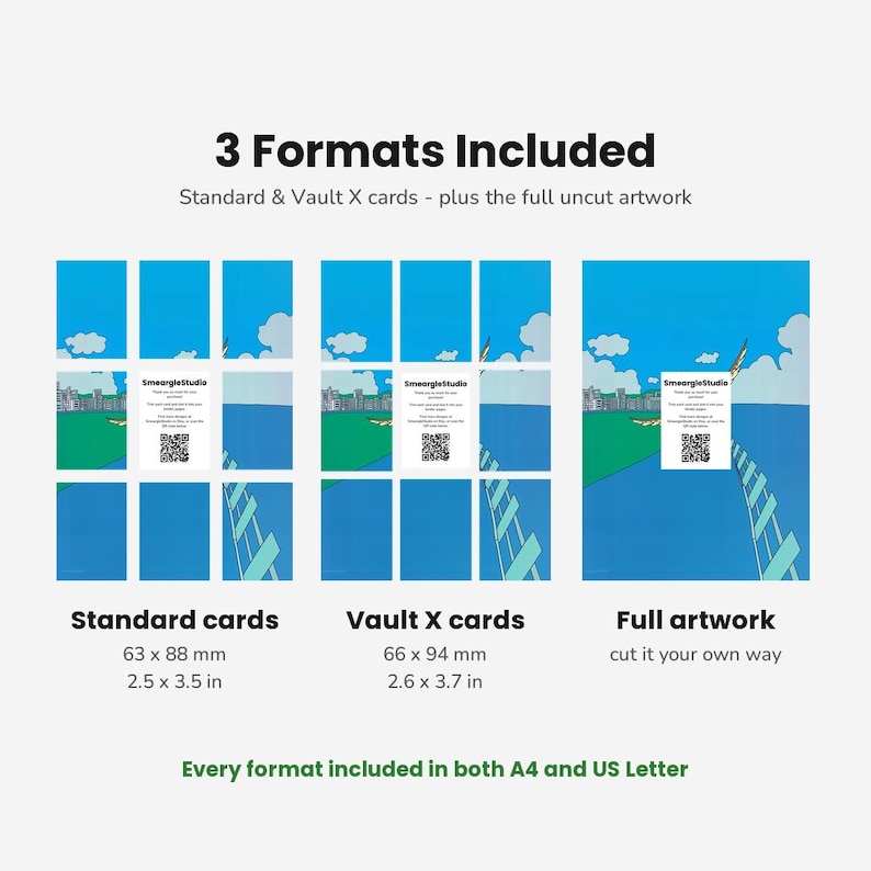 May include: A digital graphic showing 3 Formats Included: Standard cards at 63 x 88 mm (2.5 x 3.5 in), Vault X cards at 66 x 94 mm (2.6 x 3.7 in), and Full artwork. Each section displays a blue sky, green field, and city skyline illustration.