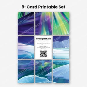 May include: A 9-card printable set featuring abstract designs with vibrant streaks of purple, green, and blue. The center card displays the text SmeargleStudio, a thank you message, instructions to trim and slot into binder pages, and a QR code.