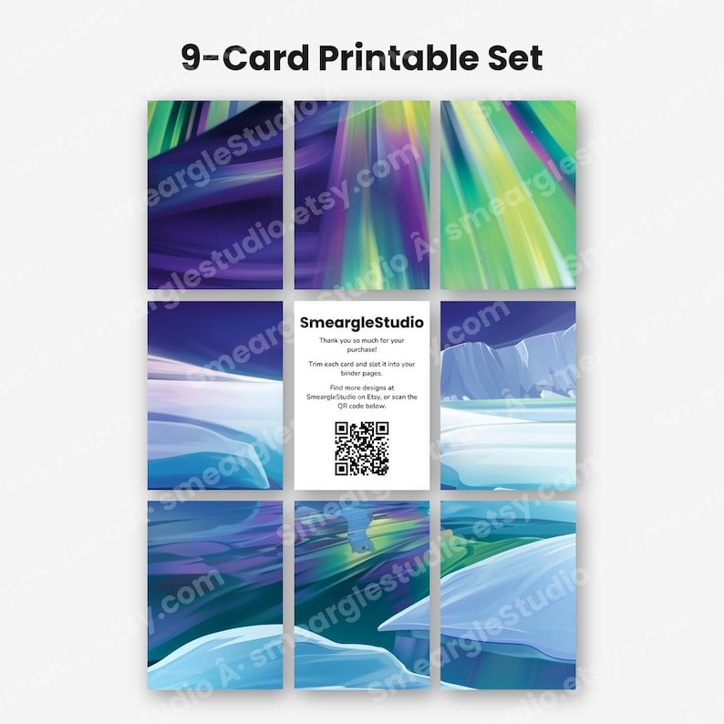May include: A 9-card printable set featuring abstract designs with vibrant streaks of purple, green, and blue. The center card displays the text SmeargleStudio, a thank you message, instructions to trim and slot into binder pages, and a QR code.