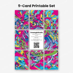 May include: A 9-card printable set featuring eight cards with vibrant, abstract graffiti-style patterns in hot pink, bright blue, lime green, and yellow. The centre card is white with black text reading SmeargleStudio and a QR code.