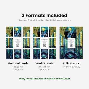 May include: A digital print sheet featuring three formats: standard cards at 2.5 x 3.5 inches, Vault X cards at 2.6 x 3.7 inches, and full artwork. The design displays a dark, stained-glass cathedral interior with blue bubbles and a central QR code.