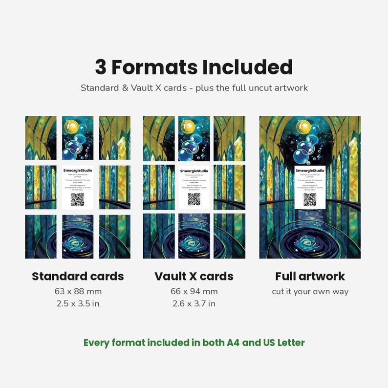 May include: A digital print sheet featuring three formats: standard cards at 2.5 x 3.5 inches, Vault X cards at 2.6 x 3.7 inches, and full artwork. The design displays a dark, stained-glass cathedral interior with blue bubbles and a central QR code.