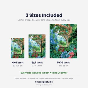 Puede incluir: Tres impresiones de arte digital con un paisaje de selva exuberante y un gr&aacute;fico de tarjeta coleccionable central. El texto incluye 3 Sizes Included, 10 x 15 cm, 13 x 18 cm, 20 x 25 cm y Every size included in both A4 and US Letter con flores rojas.