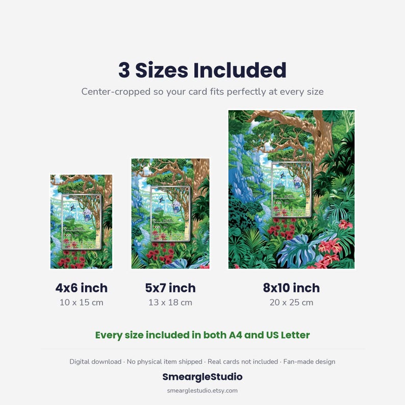 Puede incluir: Tres impresiones de arte digital con un paisaje de selva exuberante y un gr&aacute;fico de tarjeta coleccionable central. El texto incluye 3 Sizes Included, 10 x 15 cm, 13 x 18 cm, 20 x 25 cm y Every size included in both A4 and US Letter con flores rojas.