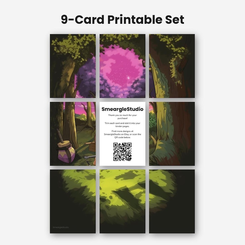 May include: A 9-card printable set featuring a forest landscape with dark trees and a bright pink sky. The center card displays the text SmeargleStudio, instructions for trimming and binding, and a QR code for further design exploration.