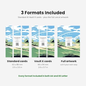 May include: Three digital print formats featuring a landscape illustration with blue skies, clouds, and green hills. Includes standard cards at 2.5 x 3.5 inches, Vault X cards at 2.6 x 3.7 inches, and full uncut artwork. Text includes 3 Formats Included and SmeargleStudio.