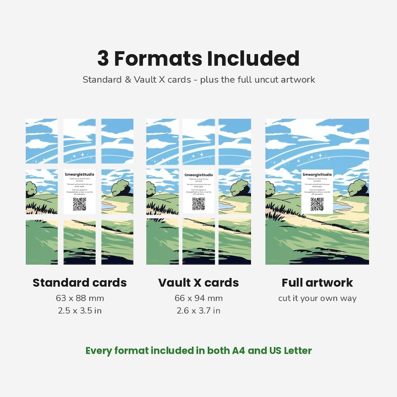 May include: Three digital print formats featuring a landscape illustration with blue skies, clouds, and green hills. Includes standard cards at 2.5 x 3.5 inches, Vault X cards at 2.6 x 3.7 inches, and full uncut artwork. Text includes 3 Formats Included and SmeargleStudio.