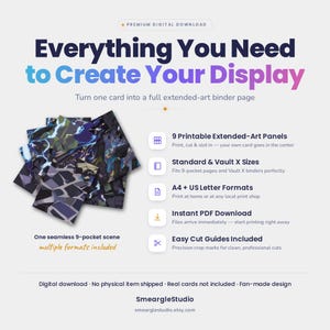 May include: A digital download product featuring 9 printable extended-art panels for a 9-pocket binder page. The design displays a seamless dark fantasy scene with lightning and stone textures. Includes A4 and US Letter formats with cut guides.