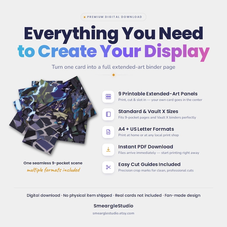 May include: A digital download product featuring 9 printable extended-art panels for a 9-pocket binder page. The design displays a seamless dark fantasy scene with lightning and stone textures. Includes A4 and US Letter formats with cut guides.