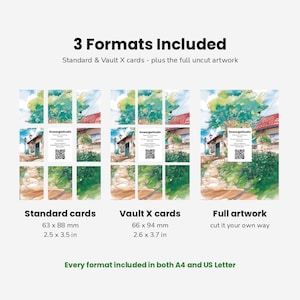 May include: A digital display showing three formats for a landscape illustration featuring a house and trees. The text reads 3 Formats Included, Standard cards 63 x 88 mm, Vault X cards 66 x 94 mm, Full artwork, and Every format included in both A4 and US Letter.
