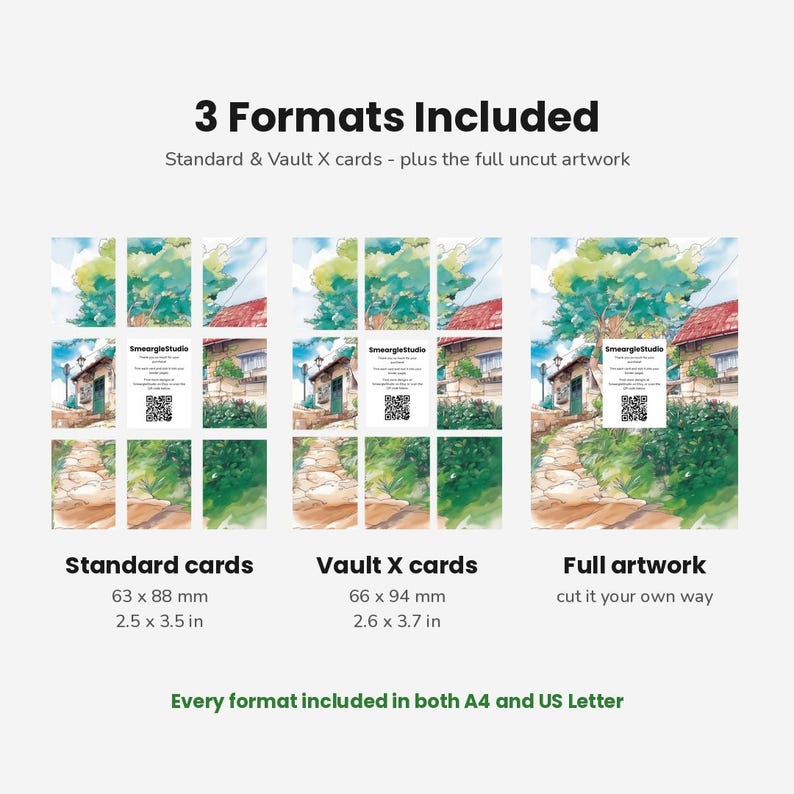 May include: A digital display showing three formats for a landscape illustration featuring a house and trees. The text reads 3 Formats Included, Standard cards 63 x 88 mm, Vault X cards 66 x 94 mm, Full artwork, and Every format included in both A4 and US Letter.