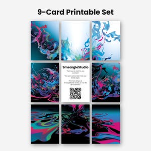 Puede incluir: Un conjunto de 9 tarjetas imprimibles con dise&ntilde;os de arte fluido abstracto en tonos vibrantes de azul, rosa y negro. La tarjeta central muestra el texto SmeargleStudio, instrucciones de recorte y un c&oacute;digo QR. Las tarjetas muestran patrones l&iacute;quidos.