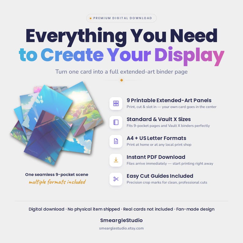 May include: A digital download product display featuring the text Everything You Need to Create Your Display. It includes 9 printable extended-art panels for 9-pocket binder pages, available in A4 and US Letter formats with easy cut guides included.