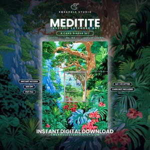 Pode incluir: Um conjunto de 9 cartas para arquivador com arte estendida inspirada em Meditite. O download digital inclui formatos A4 e US Letter a 300 DPI. A ilustra&ccedil;&atilde;o mostra uma cena de selva exuberante com folhagem verde e flores vermelhas.