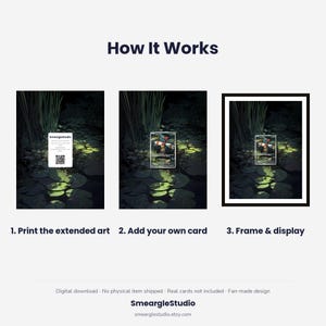 K&ouml;nnte beinhalten: Eine Anleitungsgrafik mit dem Titel How It Works zeigt drei Schritte: 1. Print the extended art, 2. Add your own card und 3. Frame & display. Die Bilder zeigen eine dunkle Teichszene mit Seerosenbl&auml;ttern und einer Karte in der Mitte.