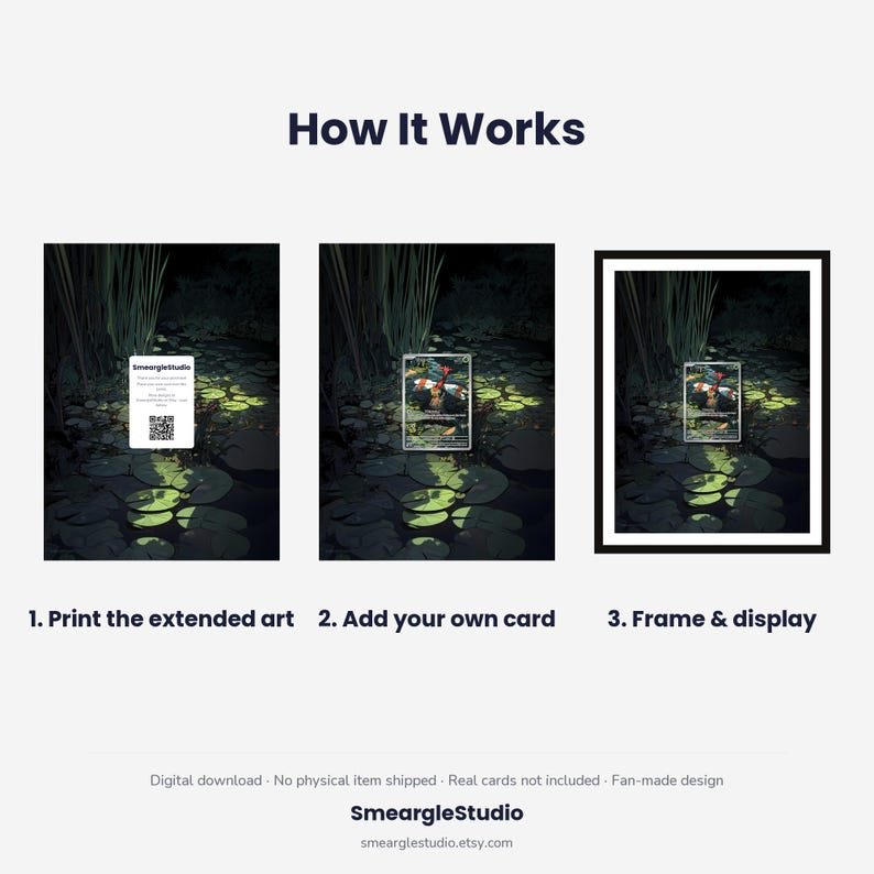K&ouml;nnte beinhalten: Eine Anleitungsgrafik mit dem Titel How It Works zeigt drei Schritte: 1. Print the extended art, 2. Add your own card und 3. Frame & display. Die Bilder zeigen eine dunkle Teichszene mit Seerosenbl&auml;ttern und einer Karte in der Mitte.
