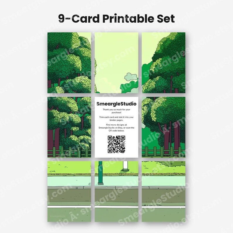 May include: A 9-card printable set featuring a forest landscape with green trees, a fence, and a road. The center card displays the text SmeargleStudio, thank you instructions, and a QR code. The cards are arranged in a three-by-three grid layout.