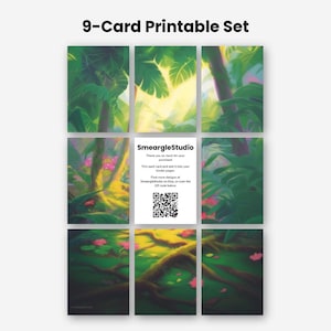May include: A 9-card printable set featuring a lush jungle scene with green foliage, tree roots, and pink flowers. The center card displays the text SmeargleStudio, instructions for trimming, and a QR code. The overall design is vibrant.