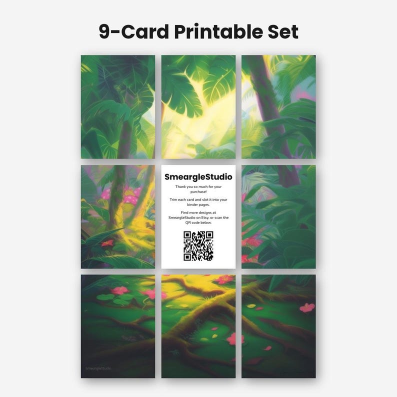 May include: A 9-card printable set featuring a lush jungle scene with green foliage, tree roots, and pink flowers. The center card displays the text SmeargleStudio, instructions for trimming, and a QR code. The overall design is vibrant.