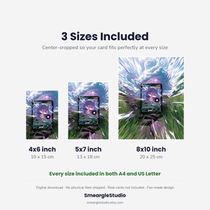 Puede incluir: Una pantalla de descarga digital que muestra tres impresiones rectangulares verticales con una ilustraci&oacute;n de carta coleccionable Gengar V. El texto incluye 3 Sizes Included, 10 x 15 cm, 13 x 18 cm, 20 x 25 cm y A4 y US Letter.