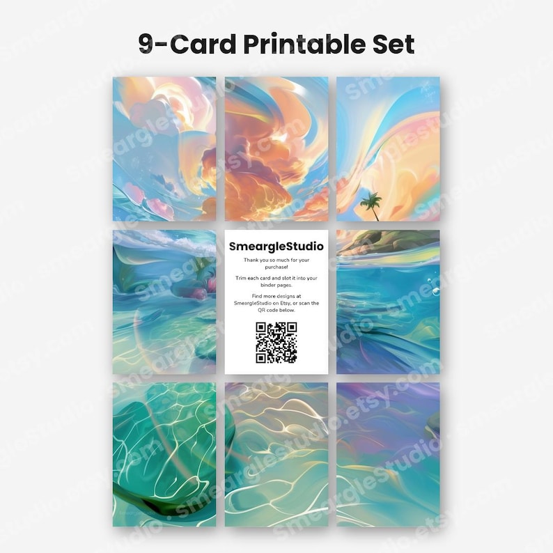 May include: A 9-card printable set featuring abstract digital art with vibrant sky and water themes. The center card displays the text SmeargleStudio, instructions for trimming, and a QR code. The surrounding cards show swirling clouds, ocean waves, and light reflections in shades of blue, teal, orange, and pink.