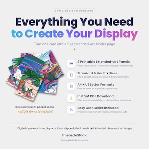 Puede incluir: Un producto de descarga digital con 9 paneles de arte extendido imprimibles para carpetas de tarjetas. El gr&aacute;fico muestra una escena fluida de 9 bolsillos con elementos tropicales. El texto incluye Everything You Need to Create Your Display.