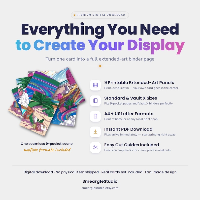 Puede incluir: Un producto de descarga digital con 9 paneles de arte extendido imprimibles para carpetas de tarjetas. El gr&aacute;fico muestra una escena fluida de 9 bolsillos con elementos tropicales. El texto incluye Everything You Need to Create Your Display.