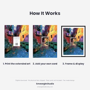 May include: An instructional graphic titled How It Works showing three steps: 1. Print the extended art, 2. Add your own card, and 3. Frame & display. The visual features a colorful alleyway illustration with a QR code and a card frame.