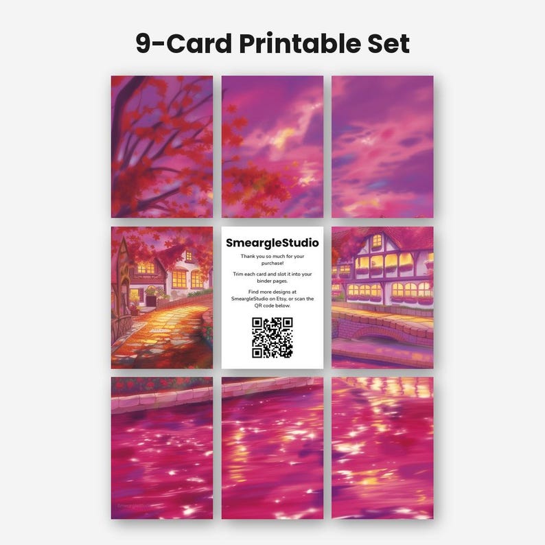 May include: A 9-card printable set featuring a vibrant sunset-hued landscape with a canal, bridge, and buildings. The center card displays the text SmeargleStudio, thank you notes, and a QR code. The overall color palette is dominated by shades of pink, purple, and warm orange.