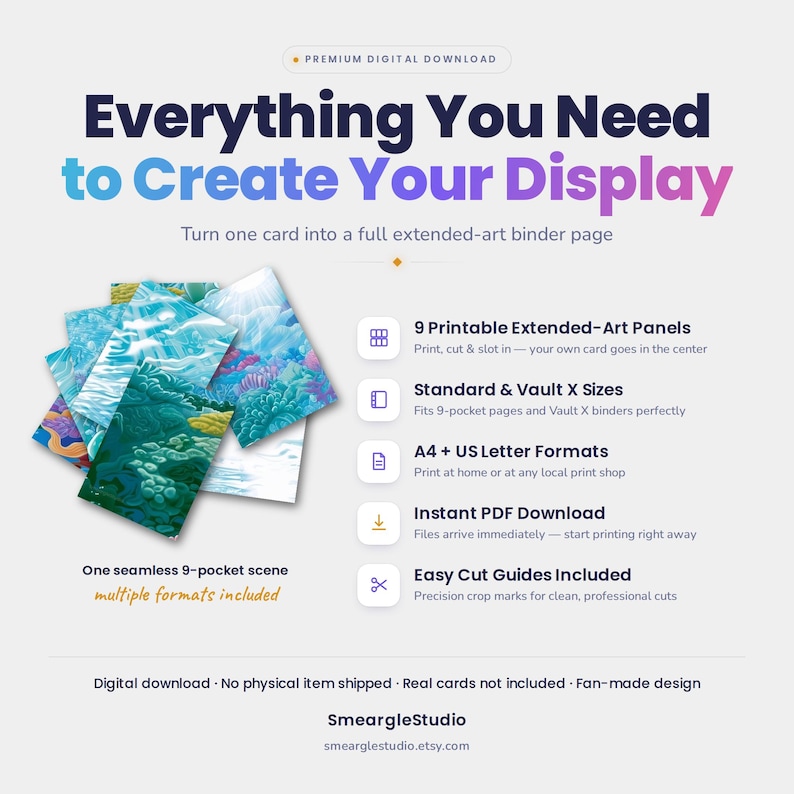 May include: A digital download product display featuring nine printable extended-art panels for binder pages. The text reads: Everything You Need to Create Your Display, 9 Printable Extended-Art Panels, Standard & Vault X Sizes, A4 + US Letter Formats, Instant PDF Download, Easy Cut Guides Included, and One seamless 9-pocket scene.