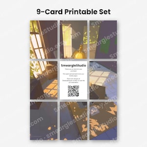 May include: A 9-card printable set featuring a digital illustration of a sunlit room with a window, a desk, and a lamp. The center card displays the text SmeargleStudio, instructions for trimming, and a QR code for further design access.