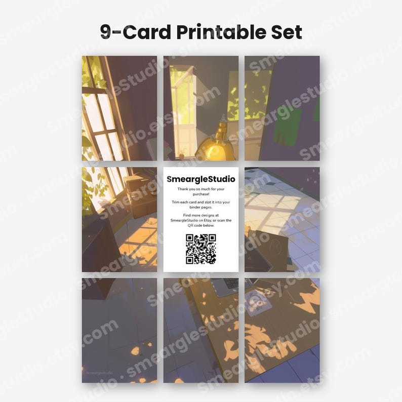 May include: A 9-card printable set featuring a digital illustration of a sunlit room with a window, a desk, and a lamp. The center card displays the text SmeargleStudio, instructions for trimming, and a QR code for further design access.