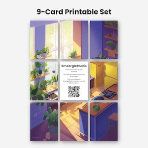 K&ouml;nnte beinhalten: Ein 9-Karten-Druckset mit einer digitalen Illustration einer sonnendurchfluteten K&uuml;che voller Topfpflanzen. Die mittlere Karte zeigt den Text SmeargleStudio, Anweisungen zum Zuschneiden und Binden sowie einen QR-Code f&uuml;r weitere Designs.